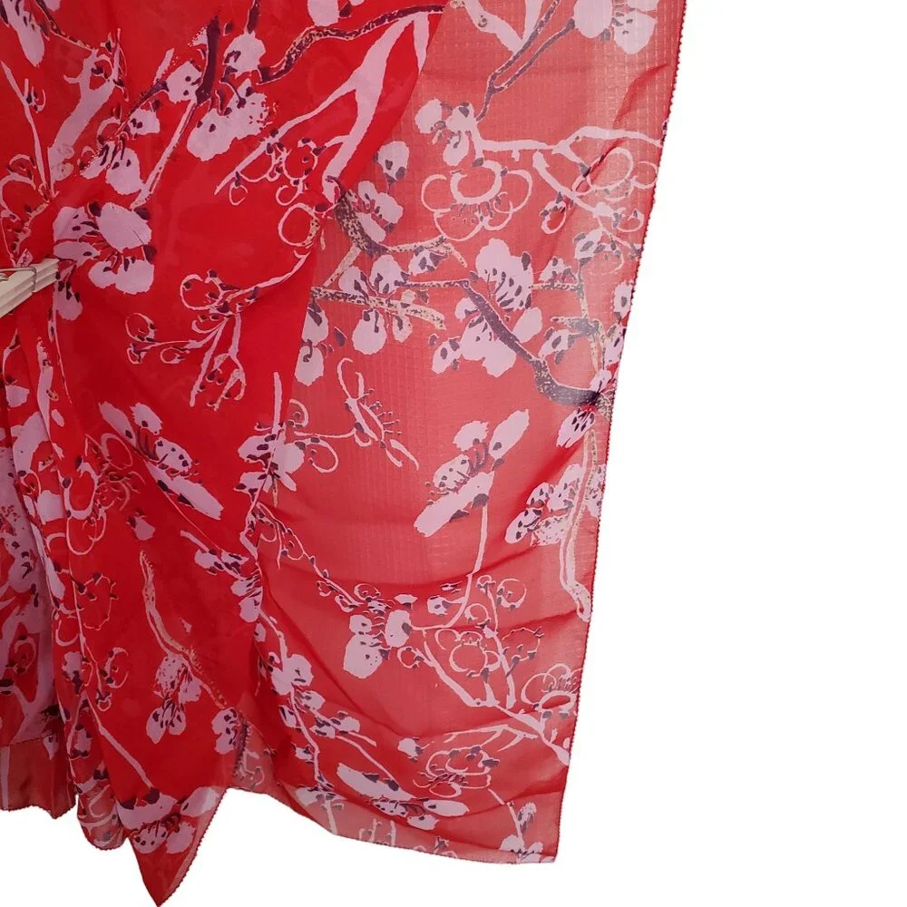 Vivienne Tam NWT Size 1X Blouse Semi Sheer Popover Cover-up Flutter Floral Red - Picture 10 of 12